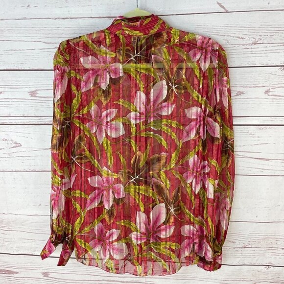 Handmade Sewn Women's Red Foral Print Button Down Long Sleeve Shirt Size M - Picture 5 of 8